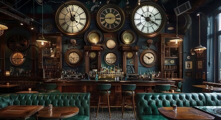 Steampunk Bar Interior With Large Clocks and Booth Seating