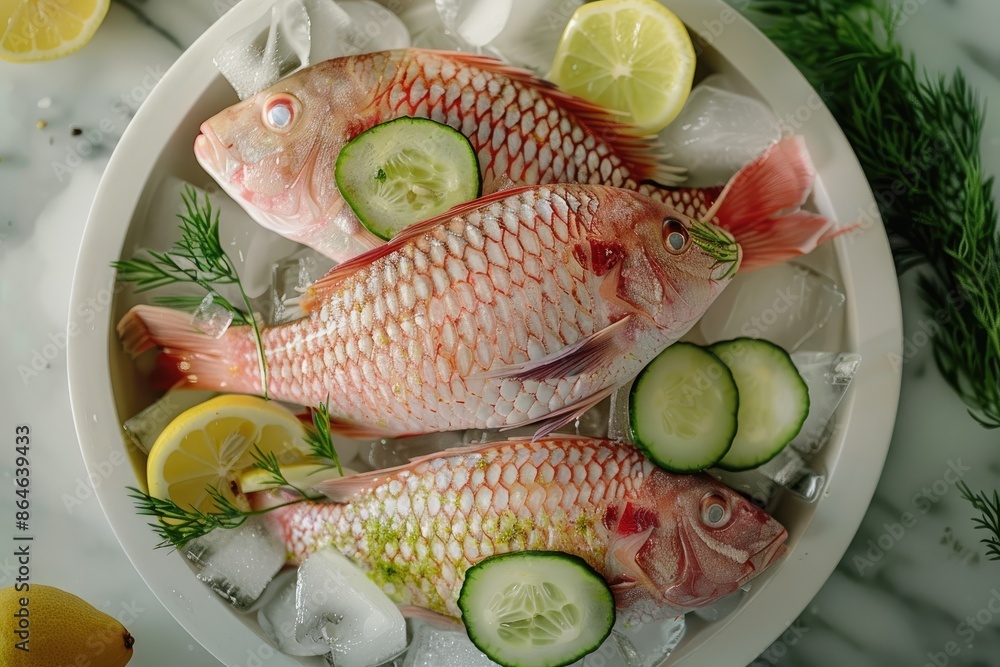 Poster three red fish with cucumber slices on top of them. the fish are in a white plate with ice