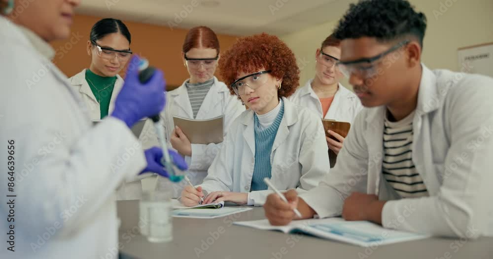 Poster teacher, students and learning in science classroom for education, experiment and lesson. teenager, 