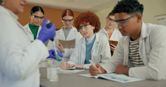 Teacher, students and learning in science classroom for education, experiment and lesson. Teenager, people and classmates in conversation at lab in high school as future scientists for research