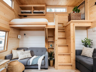Fototapeta premium Tiny House Living Room with Couch and Stairs Design
