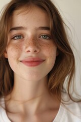 Naklejka premium A close-up shot of a woman's face with distinctive freckles