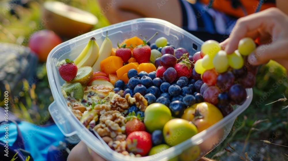 Poster the colorful array of fruits and vegetables in a plastic container catches the hikers eye as they se