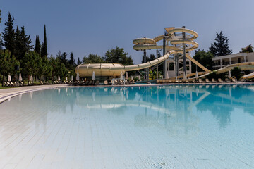 Slides, pools and equipment for a modern outdoor water park.