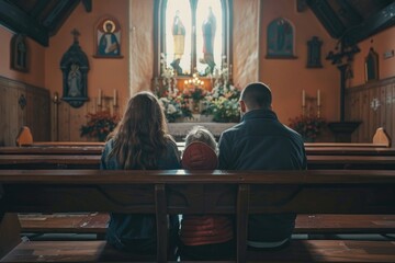 Father and kids sit together on a church bench, great for family moments or religious themes