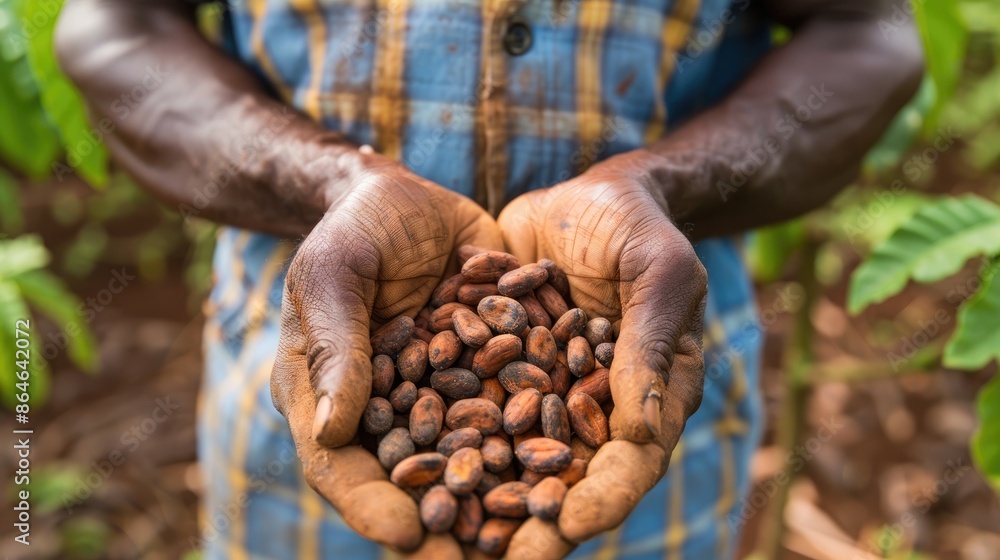 Poster a man is holding a handful of cocoa beans. concept of hard work and dedication to the task at hand. 