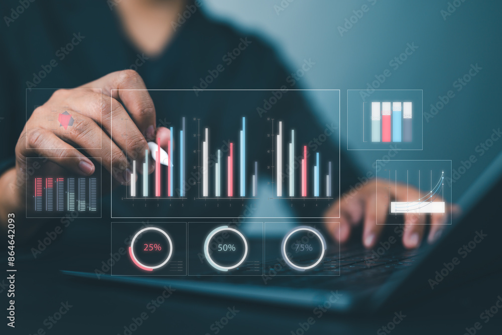 Fototapete Working Data Analytics and Data Management Systems and Metrics connected to corporate strategy database for Finance, Intelligence, Business Analytics with Key Performance Indicators, social network