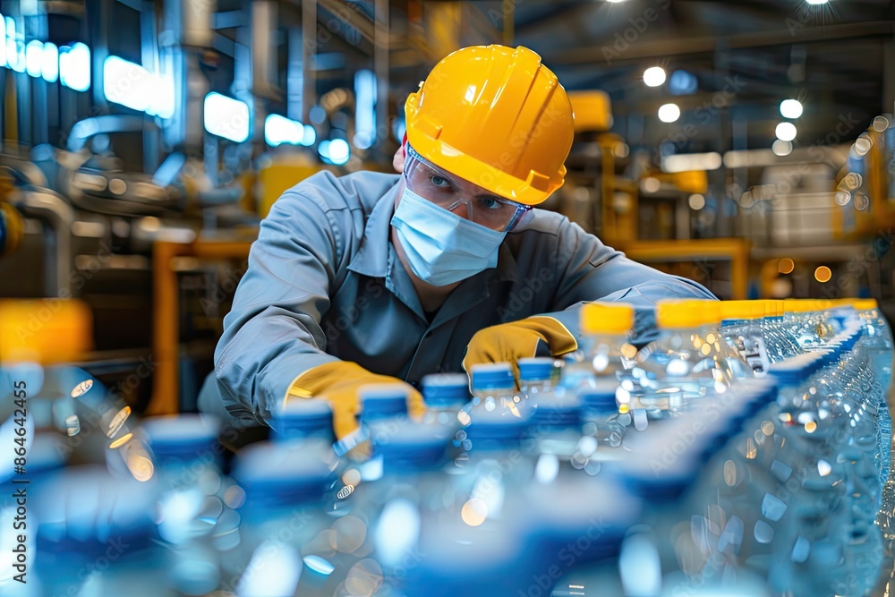 Poster a man in a yellow helmet and a mask is working on a line of bottles. the bottles are lined up on a c