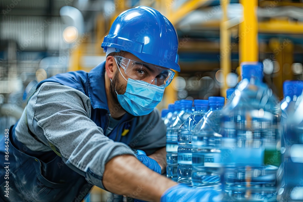 Poster a man wearing a blue helmet and a blue mask is working with a stack of water bottles. the bottles ar
