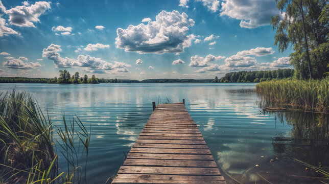 Wooden pier extending into calm lake under blue sky