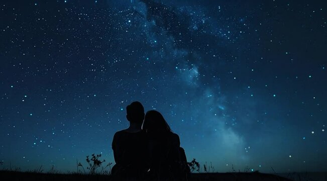 silhouette of a couple in the night silhouette of a couple sitting on grass from the back, looking up at a beautiful starry sky