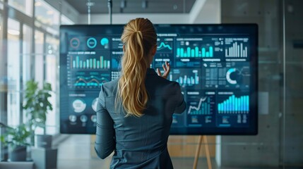 Businesswoman Analyzing Data on Interactive Digital Dashboard in Modern Office, Generative AI