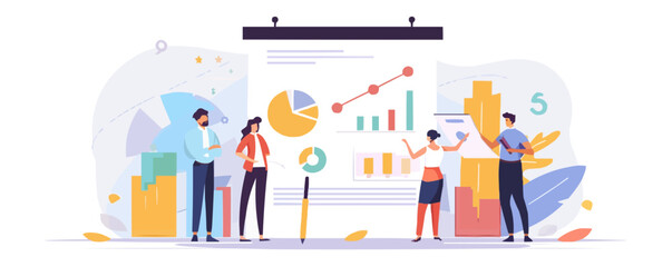 Obraz premium A group of people are working on a presentation. Vector icon