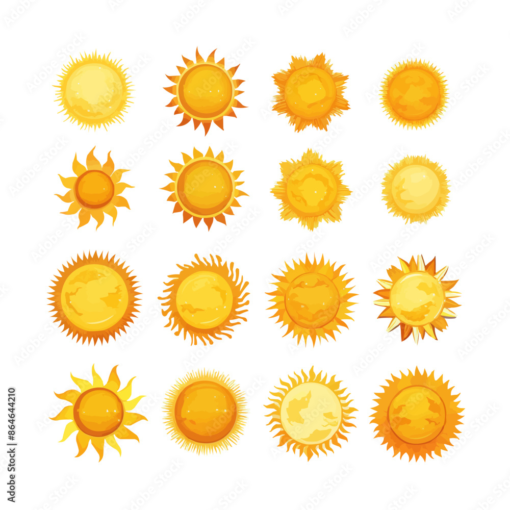 Poster a set of yellow suns with varying sizes and shapes. vector icon
