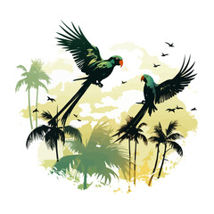 Two parrots flying in the sky above palm trees. Vector icon