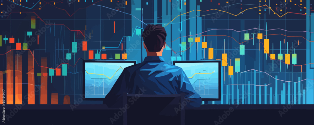 Poster a man is sitting in front of two computer monitors. vector icon