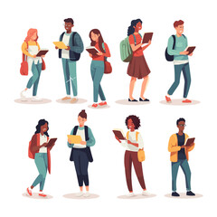 Obraz premium A group of people are walking and reading books. Vector icon