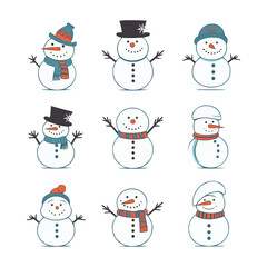 A set of snowmen with hats and scarves. Vector icon