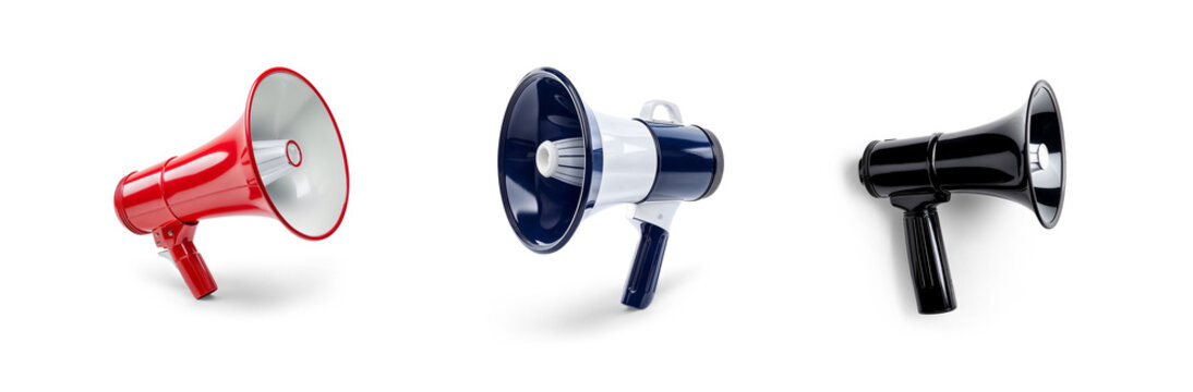 set of megaphones loud speakers in red blue and black and yellow for announcements and communication sale and promotion or protesting activist concepts, isolated transparent png background