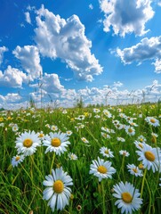 A serene scene with a field of yellow and white flowers under a clear blue sky, perfect for use in outdoor or nature-inspired projects