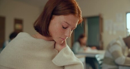 High school, stress and girl in classroom with headache, anxiety or nervous for text, assessment or exam. Education, burnout and teen student frustrated by memory fail, mistake or overthinking crisis