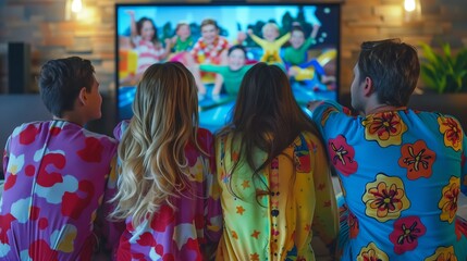 A family of four in colorful pajamas eagerly watches Saturday morning cartoons, sharing laughter...