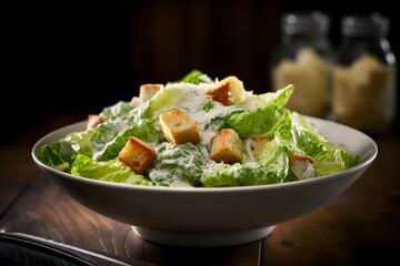 Traditional caesar salad consisting of parmesan cheese, croutons, and lettuce. salad with Caesar dressing. Delicious vegetarian recipe for a cookbook. menu for diet and fitness. top view.