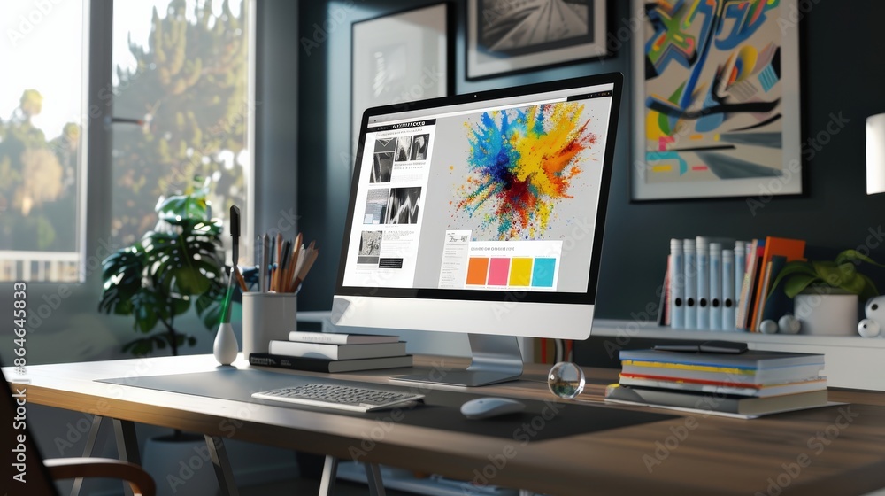 Fototapete a computer monitor displays a colorful explosion of colors. the image is of a computer desk with a k