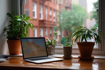 View from a plant-cluttered desk out a window into a rainy city	and a laptop computer