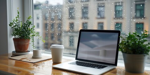 Fototapeta premium View from a plant-cluttered desk out a window into a rainy city and a laptop computer