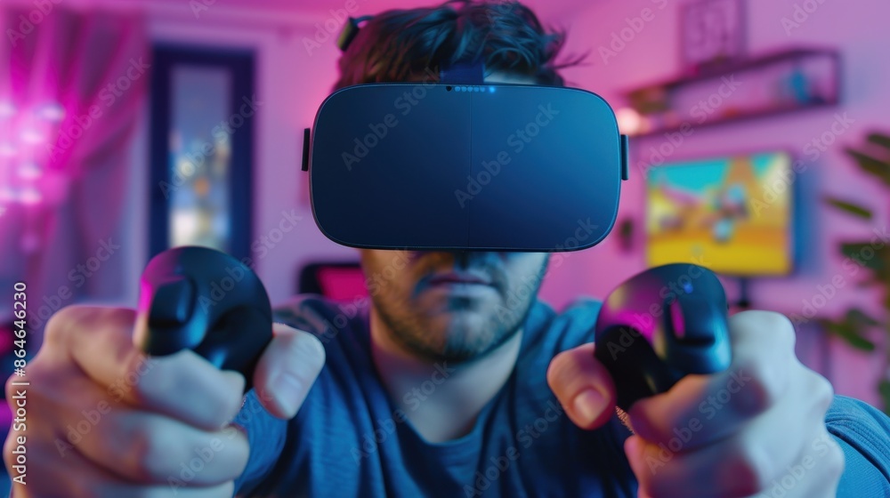 Poster a man is playing a video game with two controllers