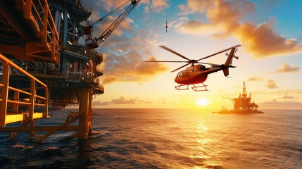 A helicopter is flying over a large oil rig. The sky is orange and the sun is setting