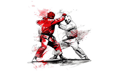 Obraz premium Two Martial Artists in Protective Gear Sparring with High Kick and Punch. Olympics in France 2024.