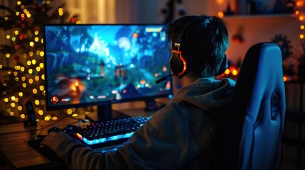 Obraz premium A man is playing a video game on a computer