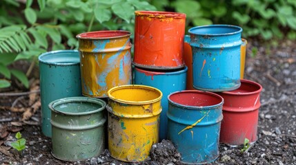 Fototapeta premium A cluster of old, rusty paint cans sits atop a garden path, each can bearing remnants of colorful paints.