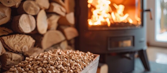 Wooden Pellets Beside a Burning Fireplace