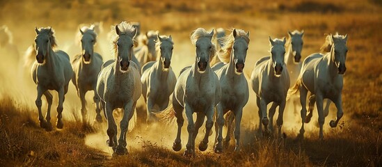 A Herd of White Horses Galloping Through Golden Grass