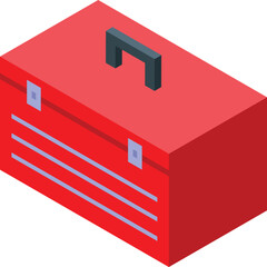 Red toolbox isometric icon illustrating handyman work, construction site equipment and diy projects
