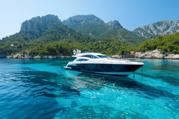 A white yacht floating in front of a majestic mountain range