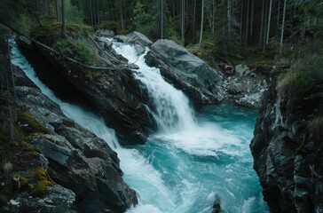 Fototapeta premium Powerful waterfall flowing through a lush, mossy forest