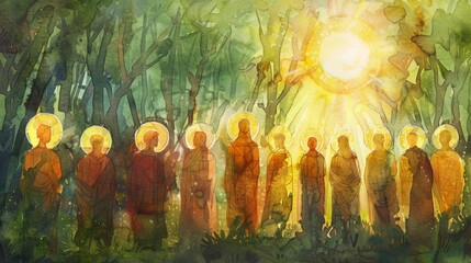 A watercolor painting of men standing in a forest with a bright sun shining above, Bible theme, All Saints' Day