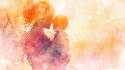 Obraz premium A watercolor painting depicts a mother holding her baby in a loving embrace, the soft colors reflecting the tenderness of their bond, copy space