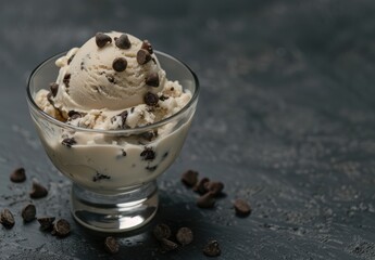 Creamy ice cream with chocolate chips in a glass bowl