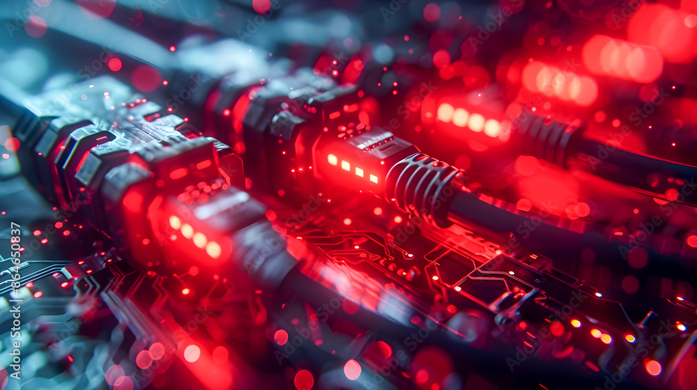 Poster tangled web of illuminated ethernet cables and blinking router indicators in cyberpunk inspired urba