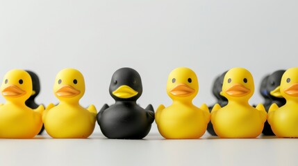 row of yellow ducklings with some black ones on white background