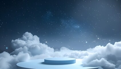 3D Blue Podium on Cloudy Sky Background

