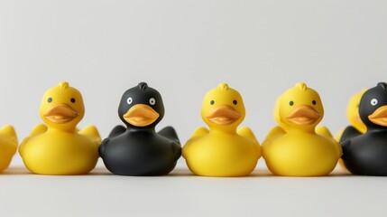 row of yellow ducklings with some black ones on white background