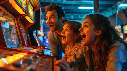 A family eagerly solves a mystery in a retro 1980s arcade-themed room filled with interactive games.