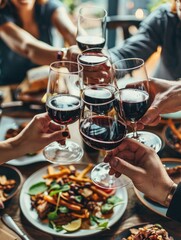A group of friends or colleagues raise their wine glasses in a toast, perfect for social gatherings and celebrations