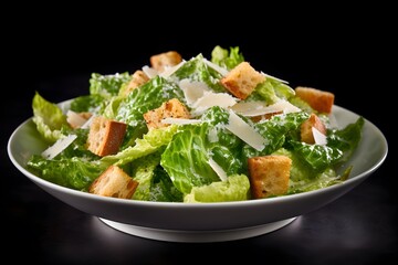 Traditional caesar salad consisting of parmesan cheese, croutons, and lettuce. salad with Caesar dressing. Delicious vegetarian recipe for a cookbook. menu for diet and fitness. top view.